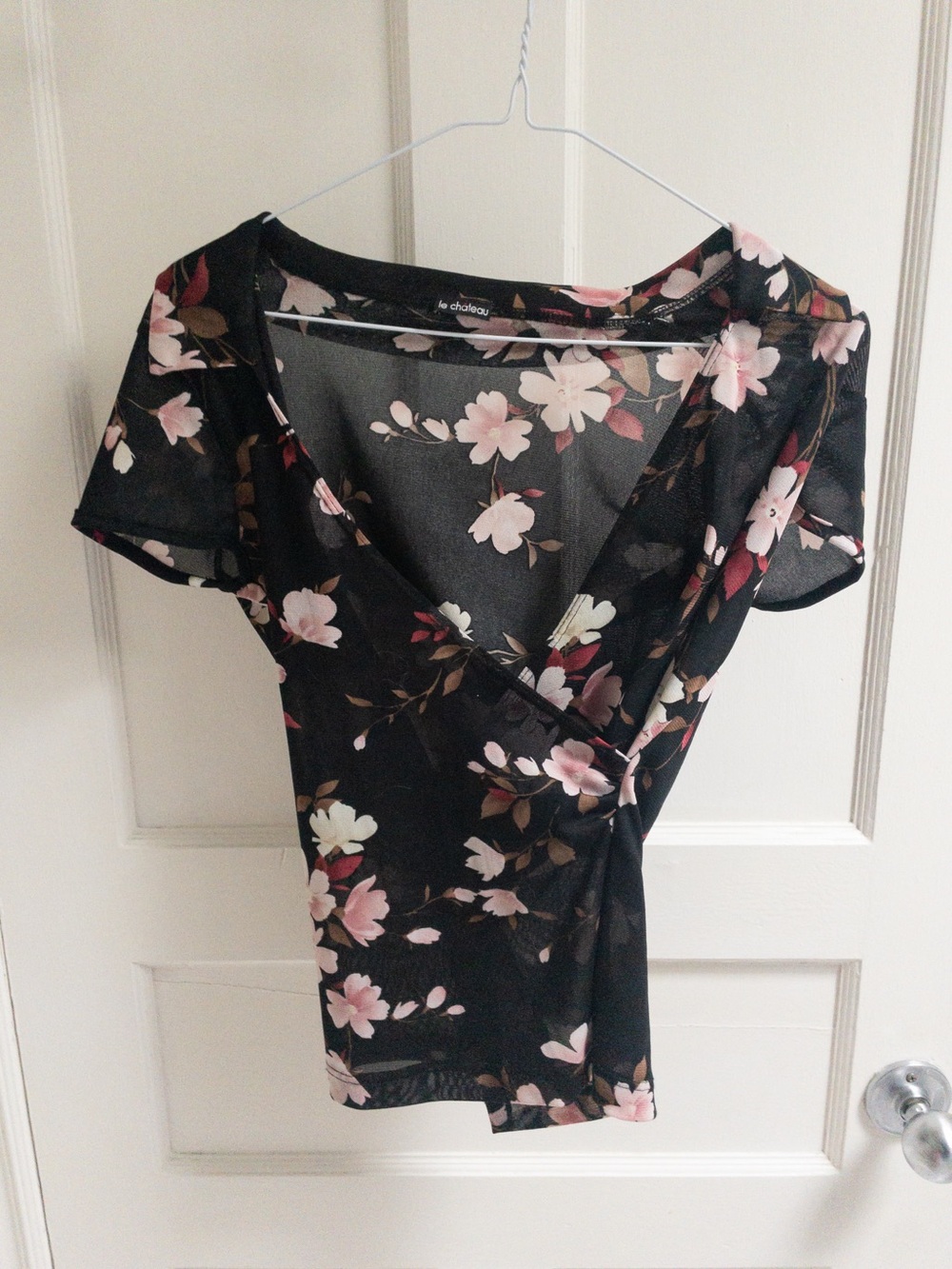 le chateau Black Floral Wrap Top With Pink Blossoms